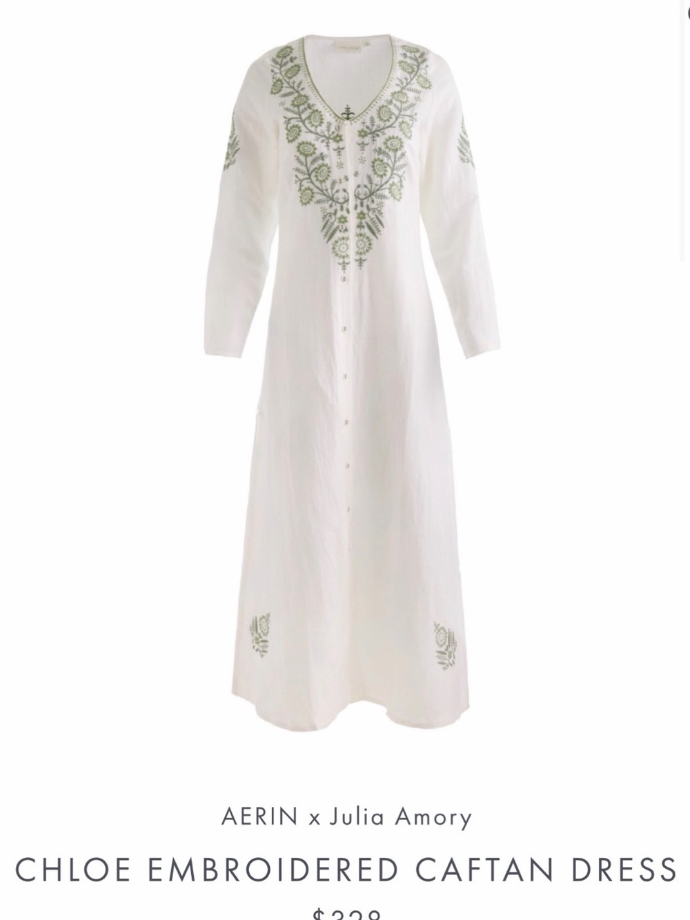 Aerin White Maxi Caftan Dress with Green Embroidery